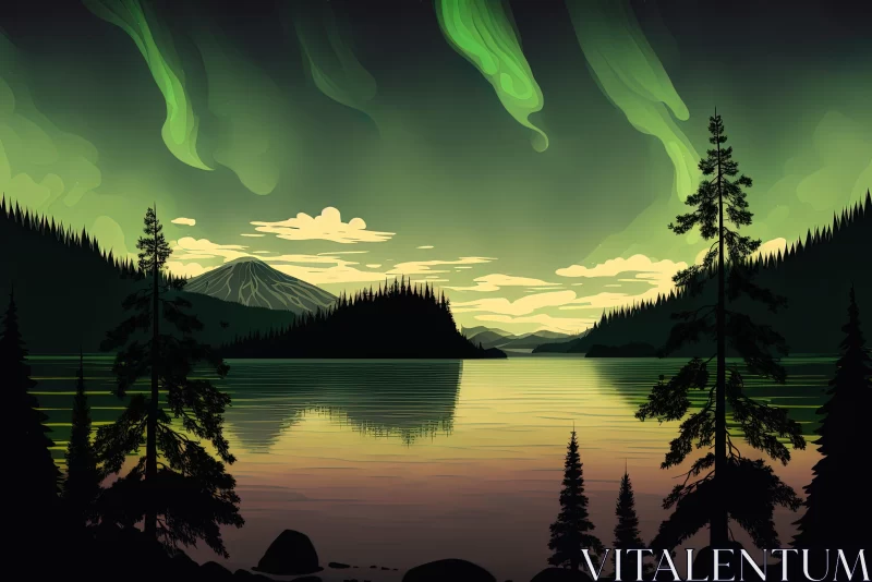 Enchanting Aurora Lights on a Lake with Green Trees - Whistlerian Illustration AI Image