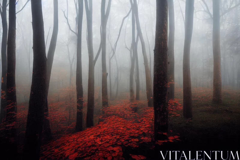 Enchanting Forest with Vibrant Red Leaves - Mesmerizing Atmosphere AI Image