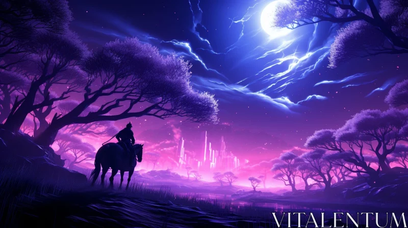 Enigmatic Moonlit Landscape with Horseman AI Image