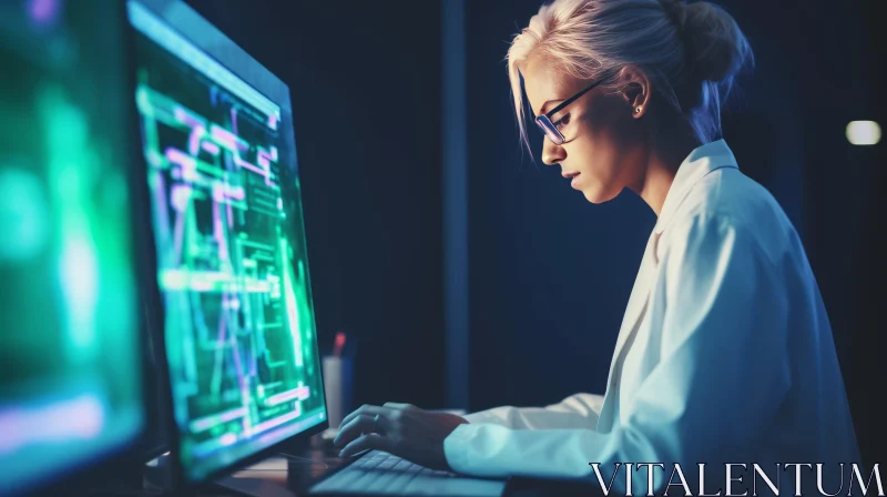 AI ART Female Scientist Working on Computer in Dimly Lit Room