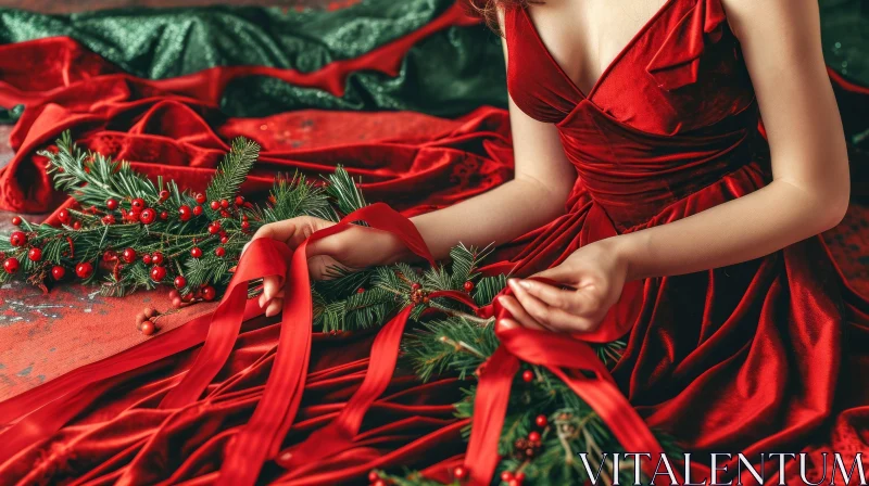 Festive Christmas Wreath Creation by a Woman in a Red Dress AI Image