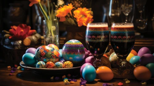 Festive Easter Tableau with Colorful Eggs and Glasses