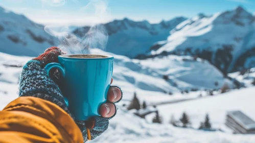 Hand Holding Blue Cup in Snowy Mountains