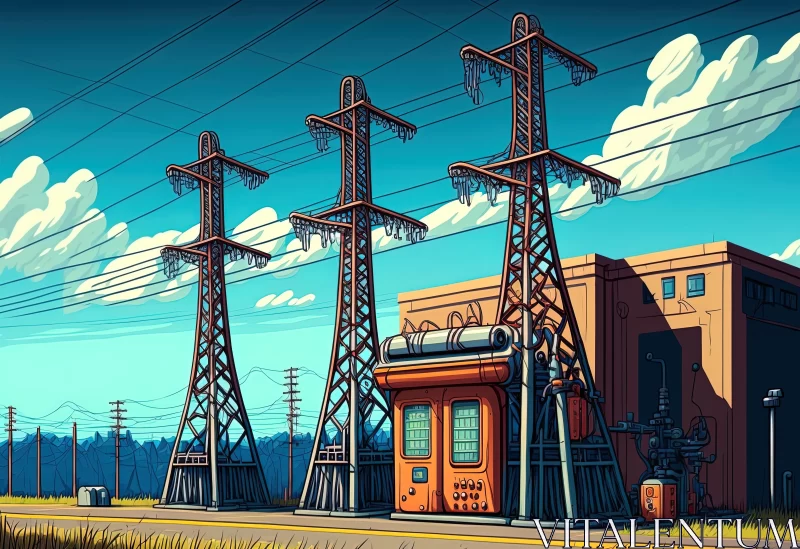 Hyper-Detailed Illustration of Street with High Voltage Power Lines AI Image