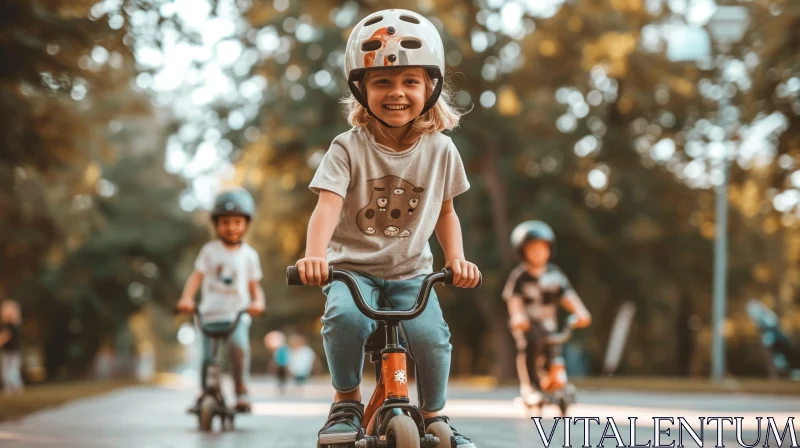 Joyful Children Riding Bikes in Sunny Park AI Image
