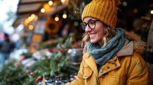 Joyful Young Woman at a Christmas Market