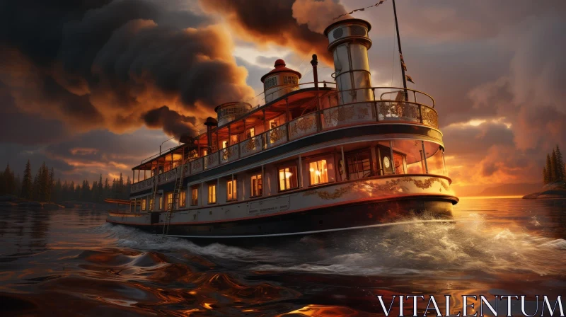 Luxurious Steamboat Sailing on River at Sunset AI Image