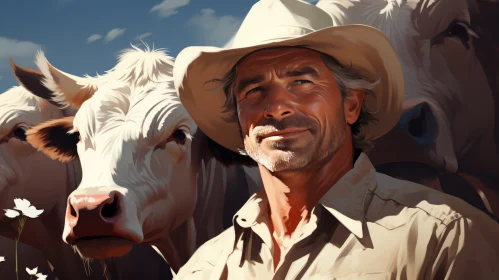 Middle-Aged Man in Cowboy Hat with Cows in American Countryside