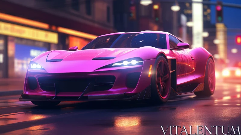 Pink Sports Car Night Drive in City AI Image