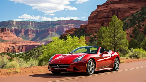 Red Ferrari California Convertible Driving Through Canyon