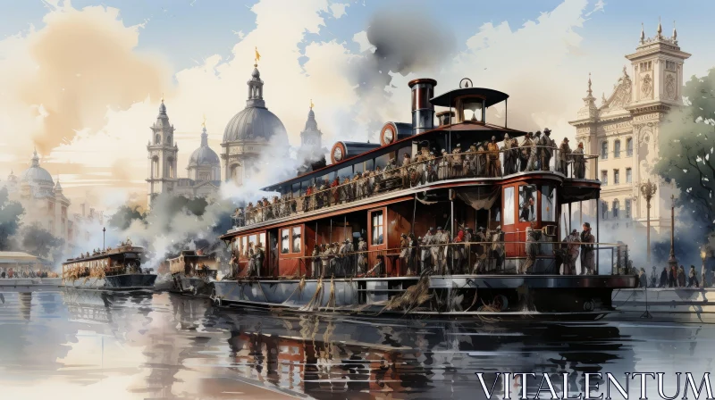 Red Steamboat Painting on River in City AI Image