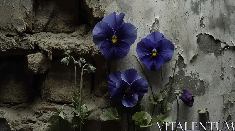 Resilient Beauty: Capturing the Vibrant Pansies in the Concrete Wall AI Image