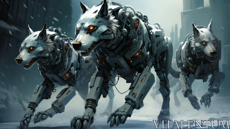 Robot Wolves in Action: A Steelpunk City Adventure AI Image