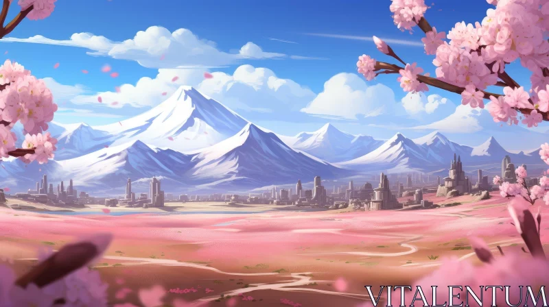 Snow-Covered Mountain Landscape with City and Cherry Blossom Trees AI Image