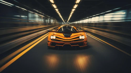 Speeding Bright Orange Sports Car in Dark Tunnel