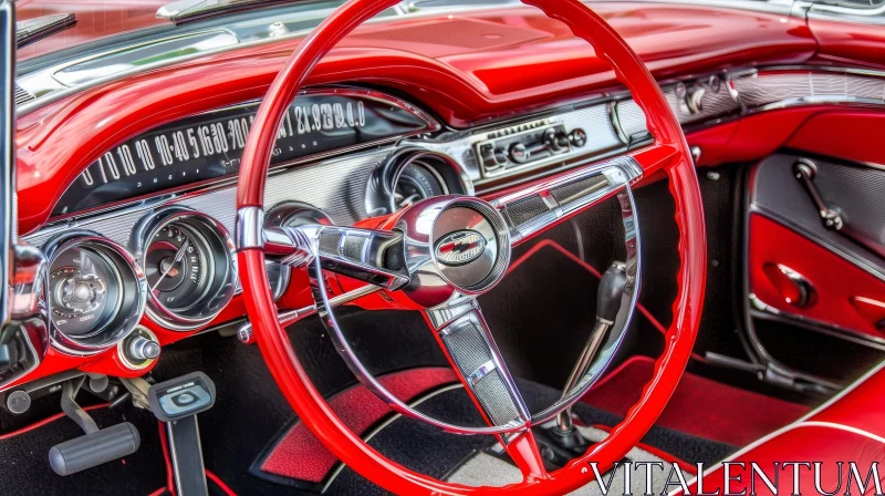 AI ART Vintage Red Car Interior - Classic Dashboard and Steering Wheel