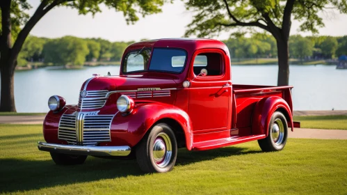 Vintage Red Truck Parked by the Lake - Classic Elegance and Kinetic Lines