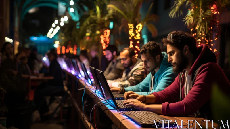 Young Men Working on Laptops in Dimly Lit Room AI Image