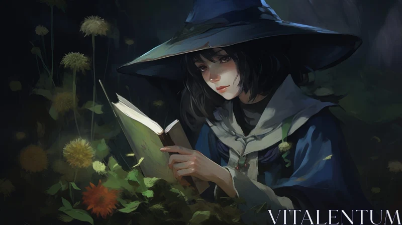 Young Woman in Blue Cloak Reading Book in Flower Field AI Image