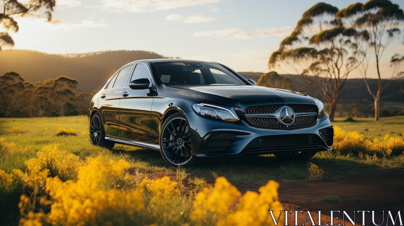 Black Mercedes-Benz C-Class in Field of Yellow Flowers at Sunset AI Image