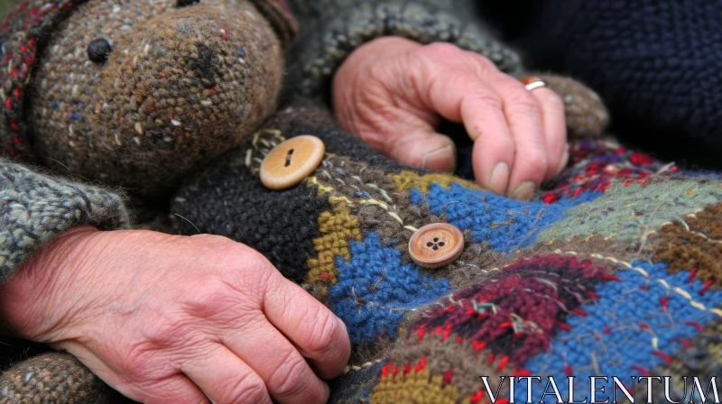 AI ART Close-up of Elderly Woman's Hands Holding Handmade Teddy Bear