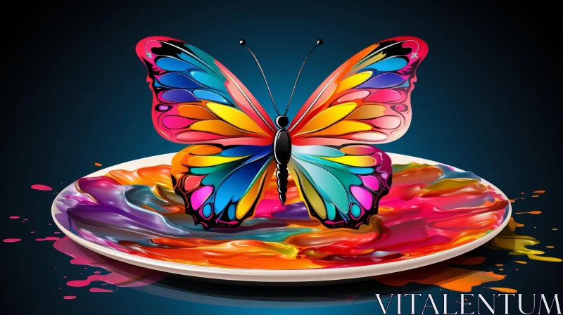 Colorful Butterfly Painting on White Plate AI Image