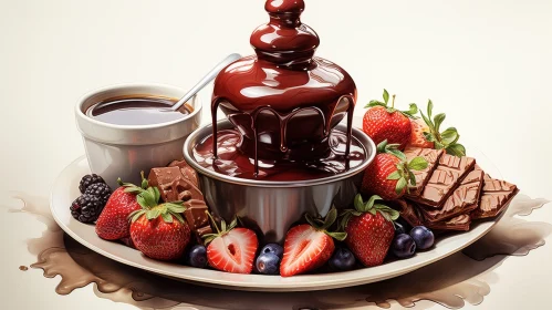 Delicious Chocolate Fountain with Fresh Fruits and Chocolate Bars