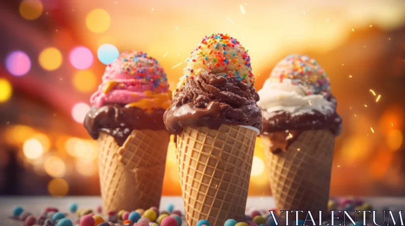 Delicious Ice Cream Cones with Colorful Toppings AI Image
