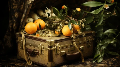 Enchanting Surrealism: Old Suitcase with Oranges and Leaves