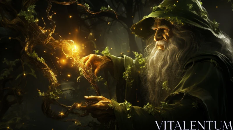 Enchanting Wizard in Dark Forest with Yellow Crystal AI Image