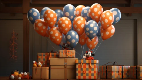 Festive Balloons and Gifts in Room with Mickey Mouse