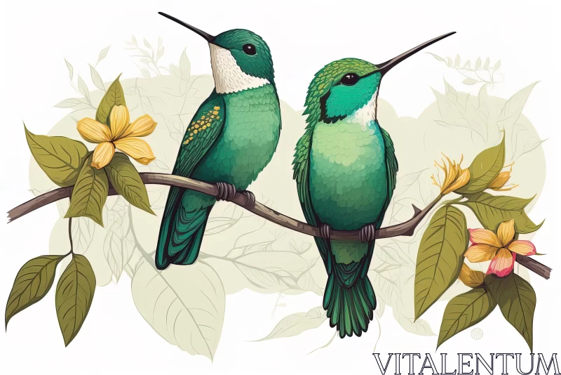 Graceful Green Hummingbirds Perched on Branch - Detailed Illustrations AI Image