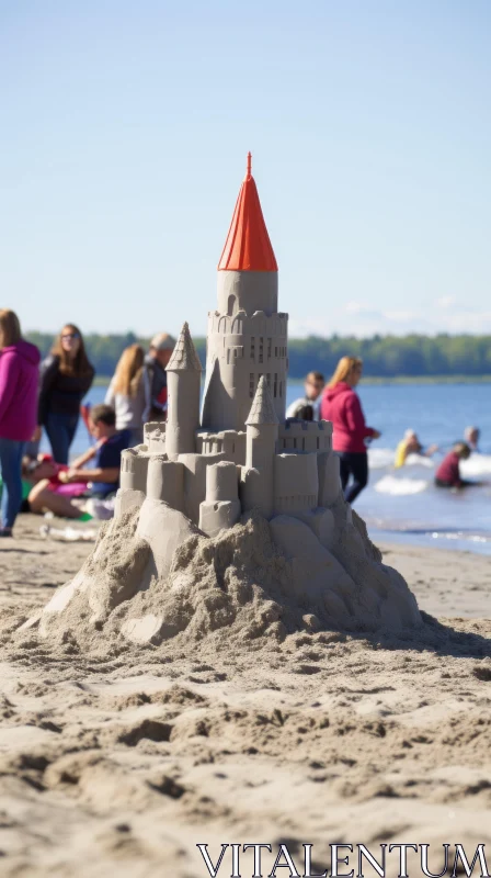 Lakeside Sand Castle: A Masterpiece of Beach Fun AI Image