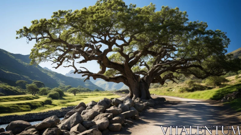 Majestic Tree in Rural Landscape with Mountain Background AI Image