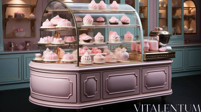 Pink Bakery Display Case with Cakes and Cupcakes AI Image