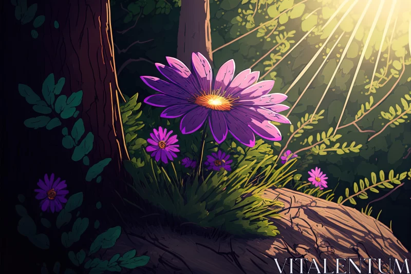 Purple Sun Shining on Blossoms: A Stunning 2D Game Art Inspired Illustration AI Image