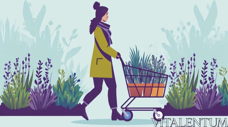 Serious Woman Pushing Shopping Cart with Potted Plants AI Image