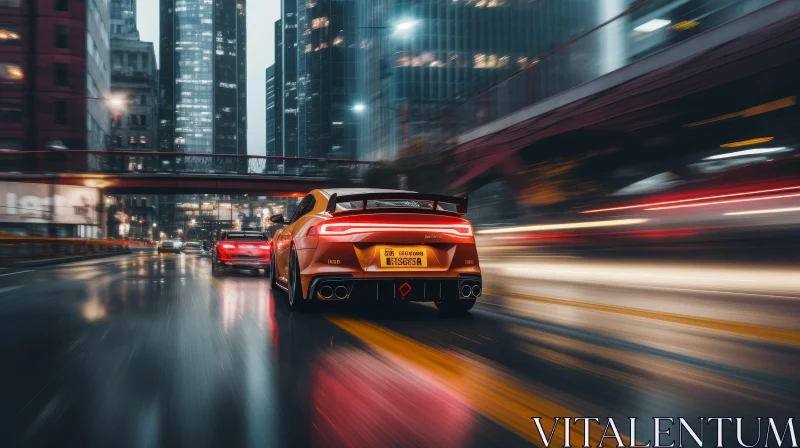 AI ART Speedy Orange Sports Car in Rainy City
