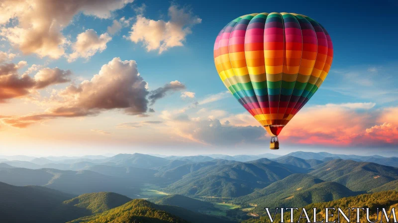 Sunset Hot Air Balloon Ride Over Mountains AI Image