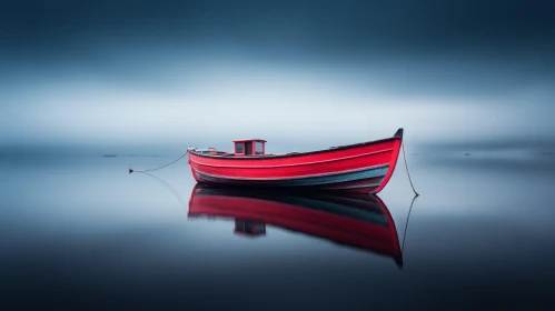 Tranquil Red Boat Floating on Still Lake in Gray Fog