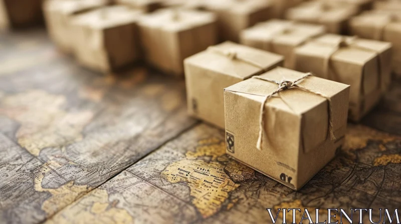 Unique Photograph: Brown Cardboard Boxes on World Map with String AI Image