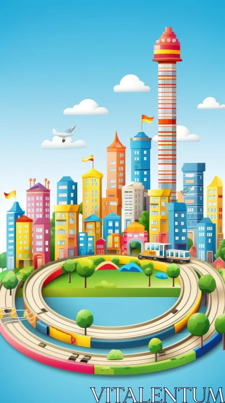 Whimsical City Illustration with Skyscrapers AI Image