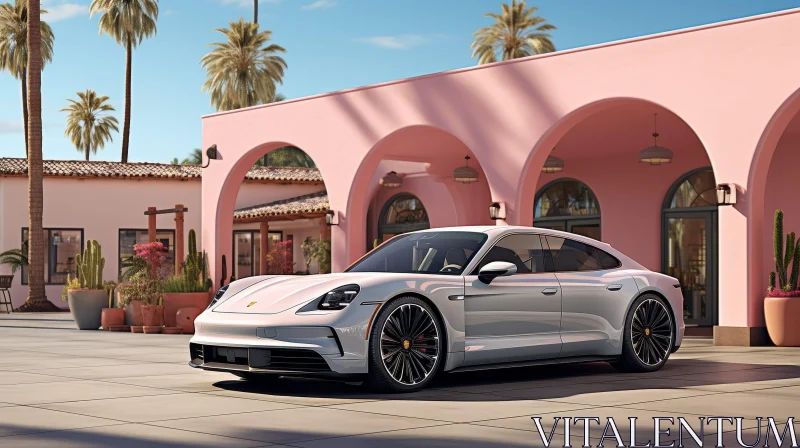 White Porsche Taycan Parked in Front of Pink Building AI Image
