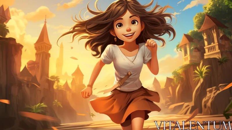 Young Girl Running in Tropical Cartoon Illustration AI Image