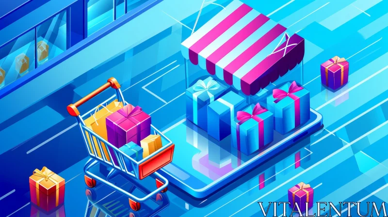 3D Shopping Cart and Smartphone Illustration with Gift Shop Icon AI Image