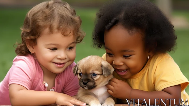 Adorable Multiracial Girls with Puppy on Grass AI Image
