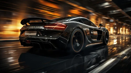 Black Sports Car Speeding Through Dark Tunnel