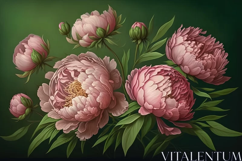Captivating Peonies on Dark Green Background: Realistic and Hyper-Detailed Renderings AI Image
