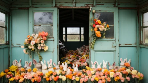Dreamy Floral Shack with Whimsical Rabbits - A Soft Focus Masterpiece