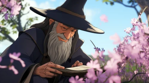 Elderly Man Reading in Field of Flowers
